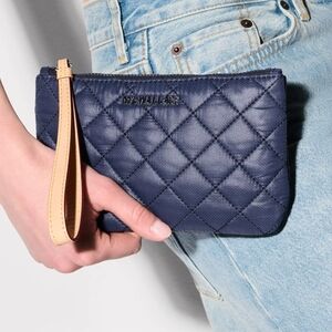 MZ Wallace Navy Quilted Clutch with Tan Strap